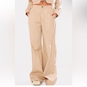 PrettyLittleThing Stone Poplin Pinstripe Tailored Wide Leg Trousers